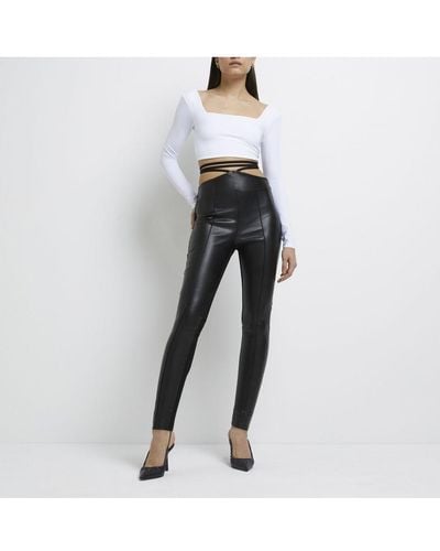 River Island Skinny Trousers Black Faux Leather Strap Viscose - White
