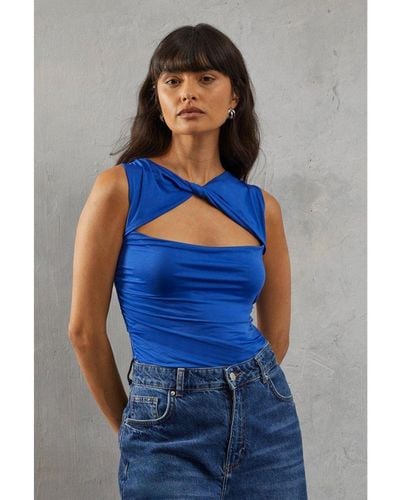 Warehouse Cut Out Twist Front Jersey Body Fit Top - Blue