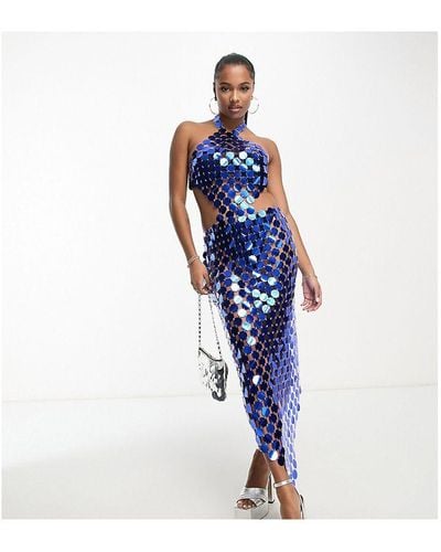 SIMMI Petite Sequin Disc Chainmail Maxi Dress With Open Back - Blue