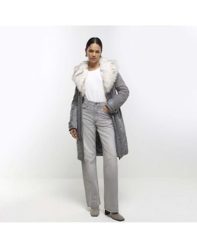 River Island Jacket Grey Faux Fur Collar Belted - White