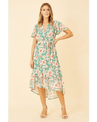 Mela London Green Floral Wrap Dress With Tiered Dipped Hem - Yellow