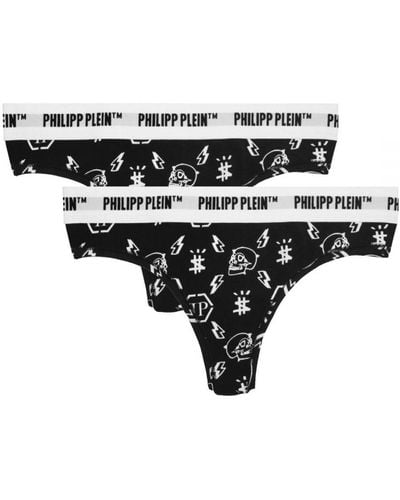 Philipp Plein Symbols Logo Black Underwear Thongs Two Pack Cotton