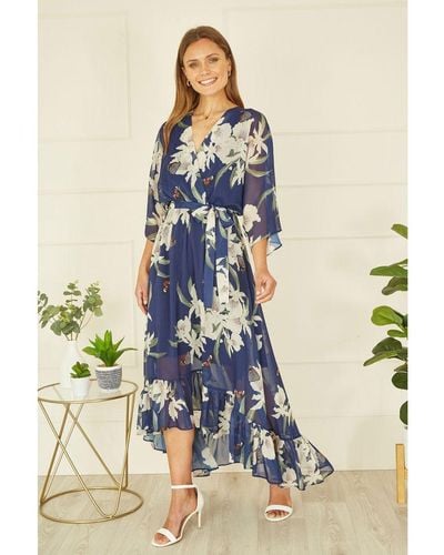 Yumi' Floral Print Navy Kimono Midi Wrap Dress - Blue