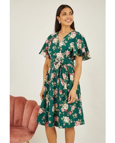 Mela London Floral Wrap Dress With Angel Sleeve - Green