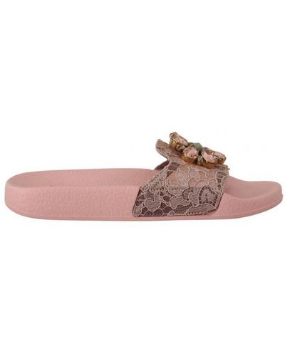Dolce & Gabbana Pink Lace Crystal Sandals Slides Beach Shoes Cotton