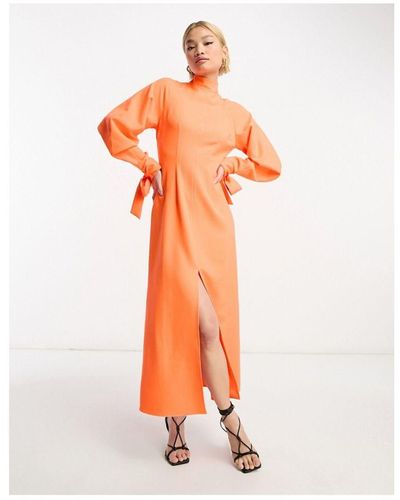 ASOS High Neck Midi Dress With Split Front And Tie Sleeves - Orange