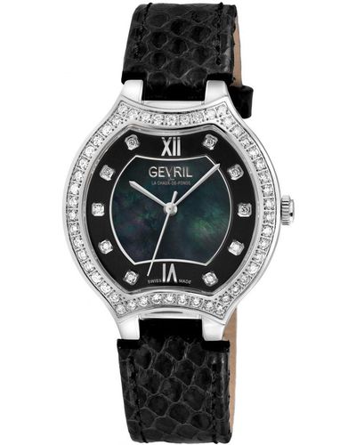 Gevril Lugano Swiss Diamond Mop Dial Genuine Italian Handmade Leather Watch - Black