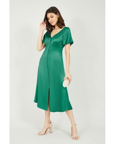 Yumi' Emerald Satin Button Down Midi Dress - Green