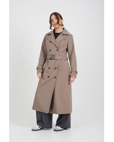Brave Soul Brown Double-breasted Longline Trench Coat - White