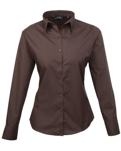 PREMIER Ladies Poplin Long Sleeve Blouse / Plain Work Shirt () - Brown