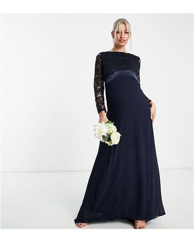 TFNC London Maternity Bridesmaids Chiffon Maxi Dress With Lace Scalloped Back And Long Sleeves - Blue