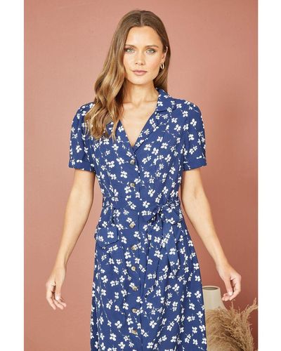 Yumi' Navy Daisy Print Retro Shirt Dress - Blue