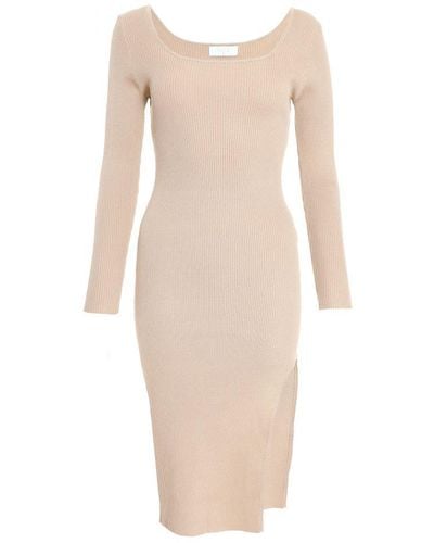 Quiz Petite Stone Knit Long Sleeve Bodycon Midi Dress Viscose - Natural