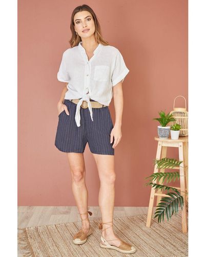 Yumi' Striped Italian Linen Shorts With Belt - Blue