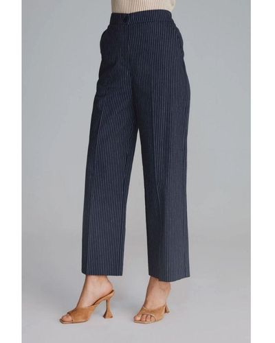 GUSTO Striped Linen Blend Trousers - Blue