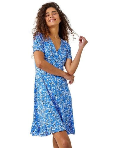 Roman Floral Print Wrap Dress - Blue