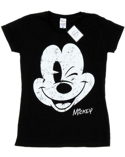 Disney Ladies Mickey Mouse Distressed Face Cotton T-Shirt () - Black