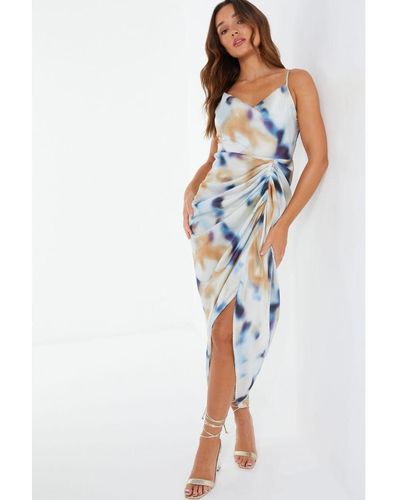 Quiz Multicoloured Marble Print Satin Ruched Midaxi Dress - Blue
