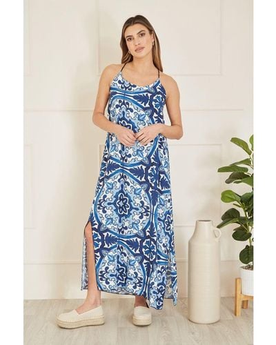 Mela London Tile Print Maxi Dress With Side Split Hem Viscose - Blue