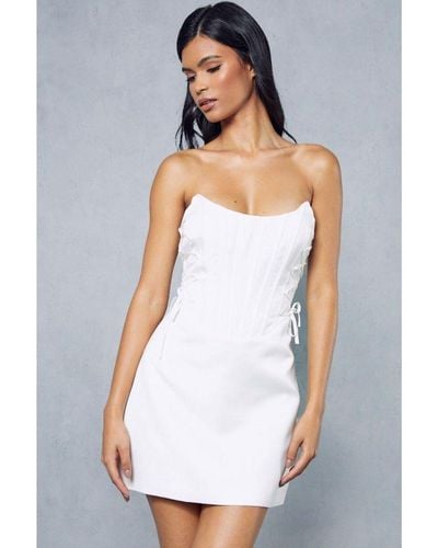 MissPap Premium Satin Corseted Lace Up Detail Mini Dress - White
