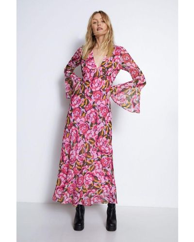 Warehouse Floral Printed V Neck Fluted Sleeve Maxi Dress - White