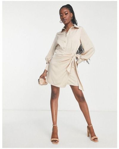 In The Style X Terrie Mcevoy Button Through Wrap Detail Shirt Dress - Natural
