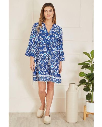Yumi' Ikat Print 3/4 Sleeve Tunic Dress Cotton - Blue
