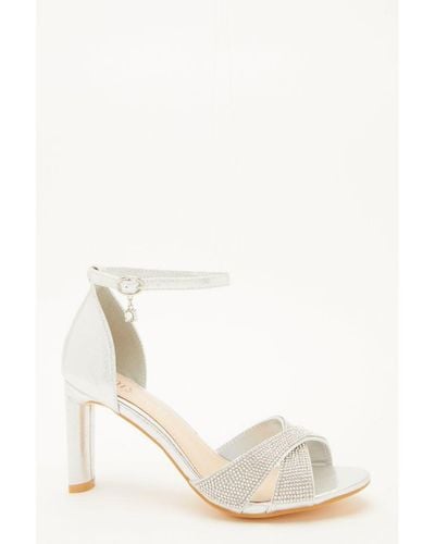 Quiz Wide Fit Silver Diamante Heeled Sandal - White