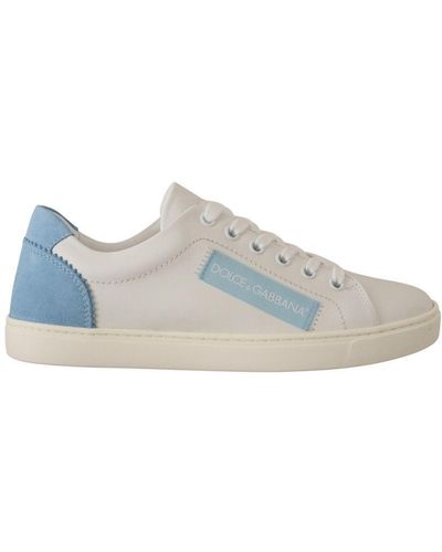 Dolce & Gabbana White Blue Leather Low Top Trainers Shoes