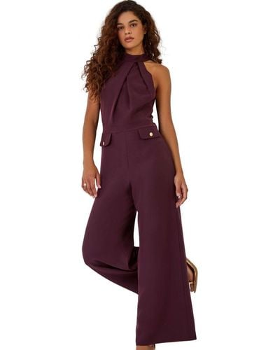 Roman Pleated Halter Neck Wide Leg Stretch Jumpsuit - Red