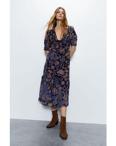 Warehouse Floral Devore Midi Dress - Blue