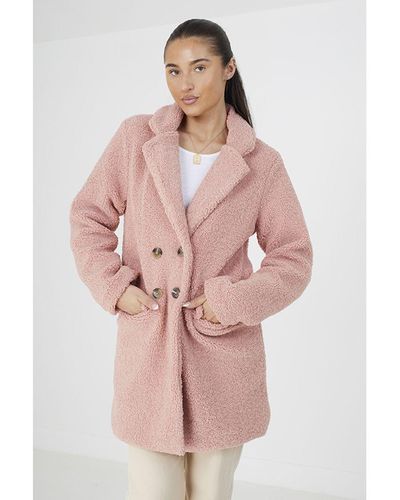Brave Soul Pink 'kyrati' Double Breasted Longline Faux Fur Jacket
