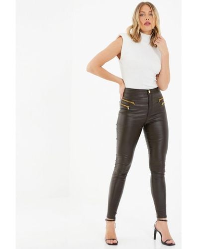 Quiz Faux Leather Zip Skinny Trousers - Brown