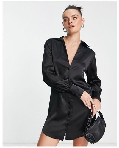 ASOS Slouchy Satin Plunge Shirt Mini Dress - Black