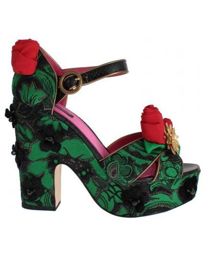 Dolce & Gabbana Green Brocade Snakeskin Roses Crystal Shoes Polyamide