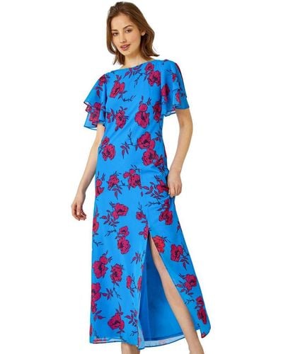 Roman Floral Tiered Sleeve Maxi Dress - Blue