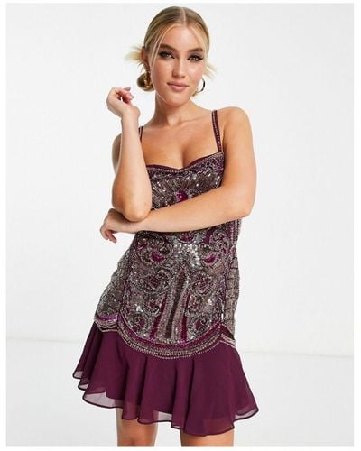 ASOS Cami Mini Dress With Artwork Embellishment And Ruffle Hem - Purple