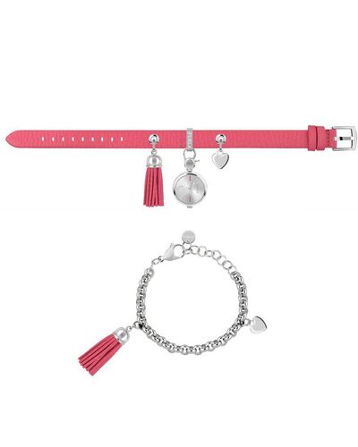 Furla Stacy White Dial Stainless Steel Chain Calfskin Leather Watch Set - Pink