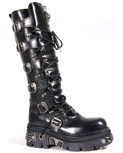 New Rock Knee High Leather Gothic Boots-272-S1 - Black