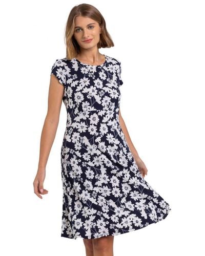 Roman Floral Print Stretch Jersey Tea Dress - Blue