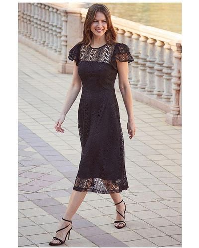 Sosandar Broderie Lace Flutter Sleeve Fit & Flare Midi Dress - Black