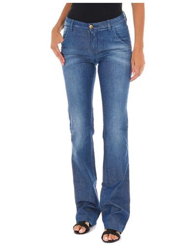 Met Long Denim Trousers Worn Effect With Flared Hems 70dbf0371 Woman Cotton - Blue