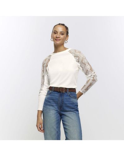 River Island Top Cream Rib Lace Long Sleeve Viscose - Blue