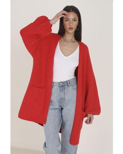 Brave Soul 'Ferne' Oversized Cardigan With Balloon Sleeves Acrylic/Polyamide - Red