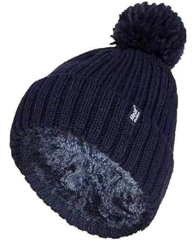 Heat Holders Ladies Ribbed Cuffed Thermal Insulated Winter Pom Pom Bobble Hat - Blue