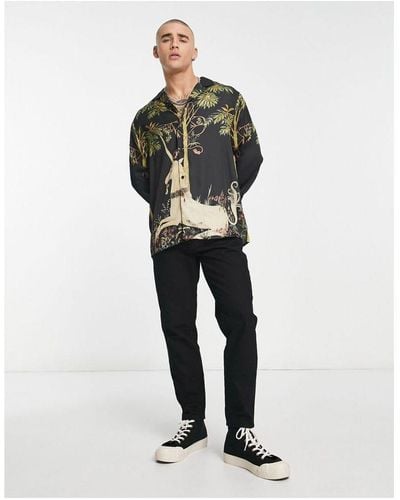 ASOS Relaxed Revere Satin Shirt With Unicorn Placement Print-black - White
