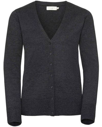 Russell Collection Ladies/ V-Neck Knitted Cardigan ( Marl) - Blue