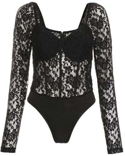 Quiz Lace Corset Long Sleeve Bodysuit Nylon - Black
