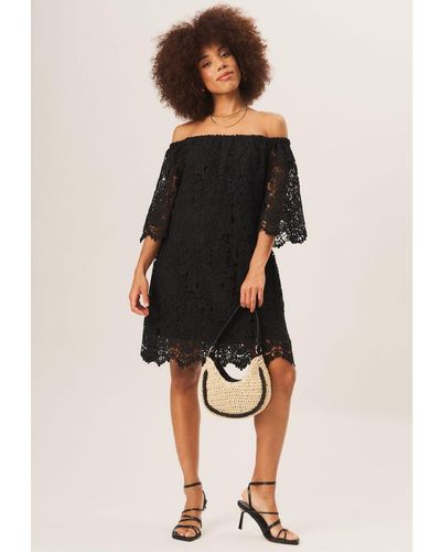 Gini London Lace Flare Sleeve Oversized Bardot Mini Dress - Black