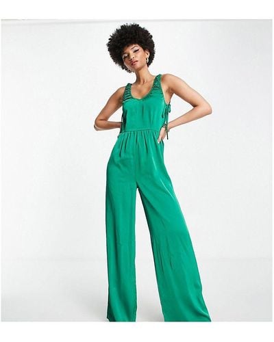 Lola May Tall Satin Ruched Side Wide Leg Jumpsuit - Green